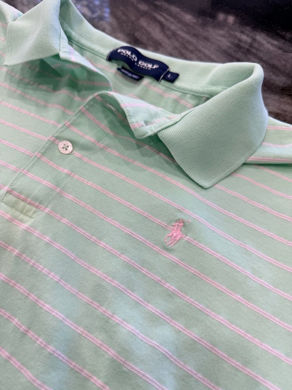 Polo Golf Ralph Lauren Mens Large Mint Green Pink Stripe Polo Shirt Pony Logo